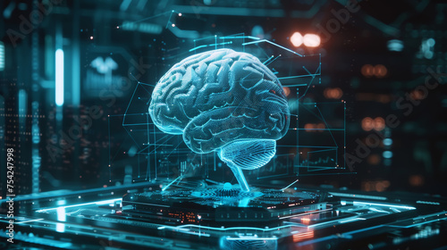 Dark 3d futuristic model of human brain, neurology healthcare concept. Scientific research and data. Generative AI photo