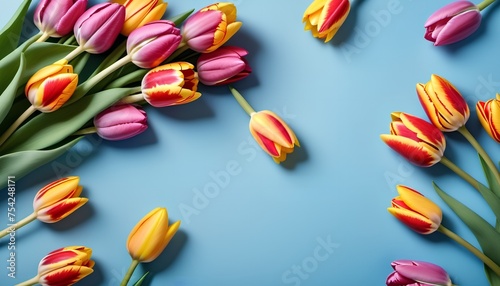 Floral spring background. Colorful tulips scattered on the blue surface. Copyspace. Top view. AI generated.