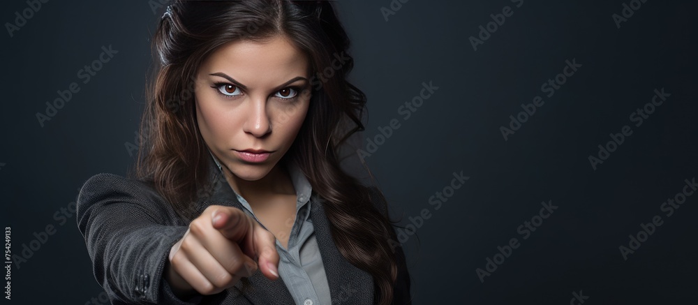 A woman with a serious expression pointing a gun directly at the camera on a grey background.