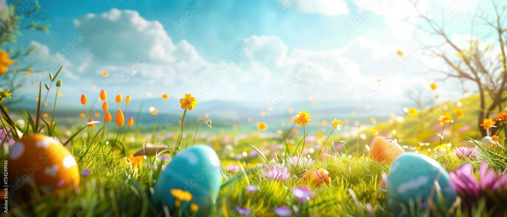 A vibrant spring meadow under a clear blue sky, dotted with colorful Easter eggs hidden among the fresh green grass and wildflowers, capturing the joy and tradition of an Easter egg hunt