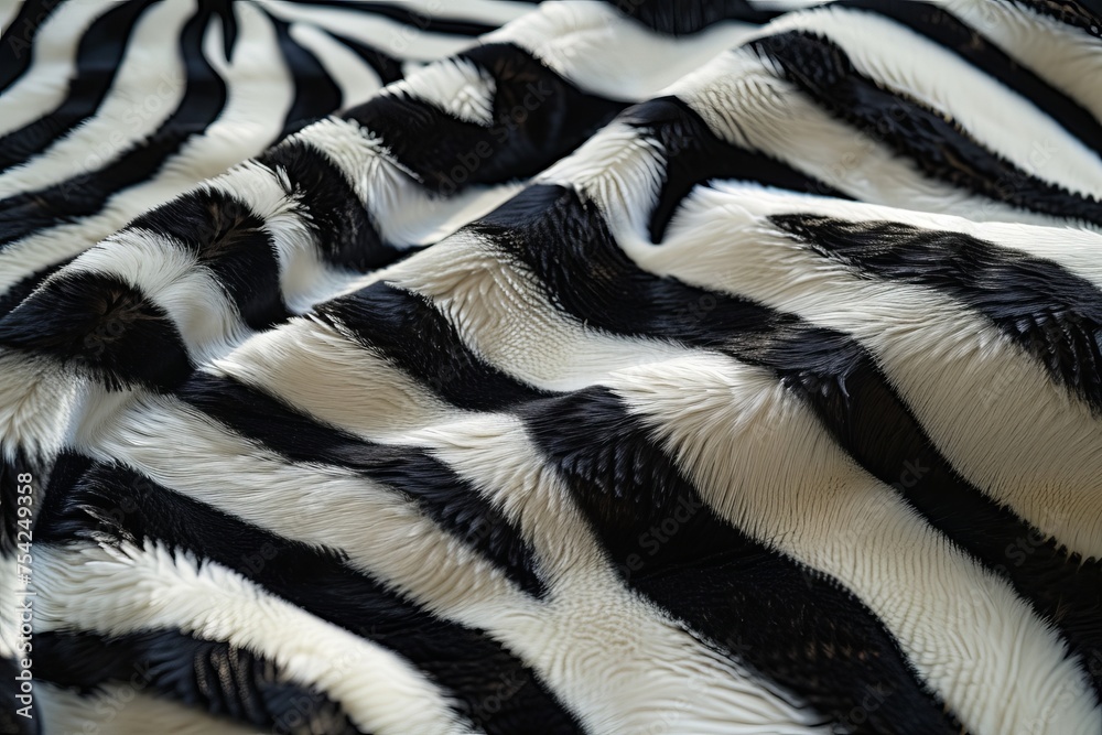 A close up picture of a fluffy blanket with zebra pattern, Zebra skin texture, top view of cloth fabrics, macro shot of animal hair, wavy and wrinkled surface and very soft and fluid, AI Generated A close up picture of a fluffy blanket with zebra pattern, Zebra skin texture, top view of cloth fabrics, macro shot of animal hair, wavy and wrinkled surface and very soft and fluid, AI Generated