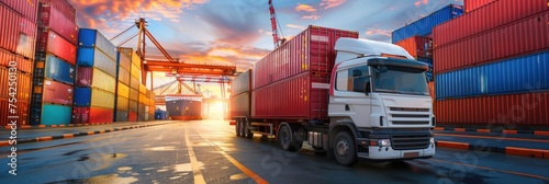 Freight truck driving at container port