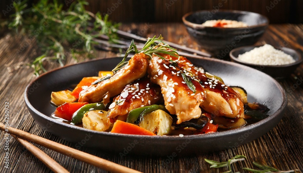Tender chicken with vegetables in a teriyaki sauce Tender chicken with vegetables in a teriyaki sauce