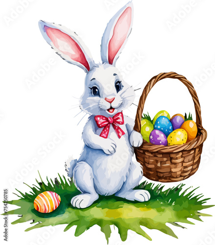 Easter bunny with wicker basket and easter eggs. Cartoon illustration. A vector in watercolor style