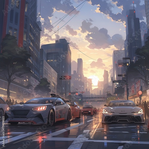A futuristic cityscape at dusk with vehicles navigating busy streets. Generative ai.