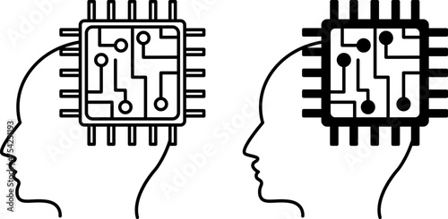 Cybernetics icons. Black and White Vector Icons of Human Head and Central Processor. Artificial intelligence. Concept of Technology and Innovation