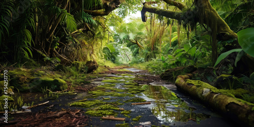 Empty wide abandoned jungle path with fallen trees.Road is covered in moss  ivy  jungle plants. Adventure. Generative AI