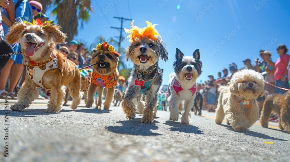 A whimsical outdoor pet parade with dogs wearing creative costumes, owners proudly walking alongside them, and spectators lining the streets, all under a clear, sunny sky - obrazy, fototapety, plakaty 