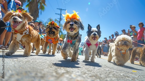 A whimsical outdoor pet parade with dogs wearing creative costumes, owners proudly walking alongside them, and spectators lining the streets, all under a clear, sunny sky