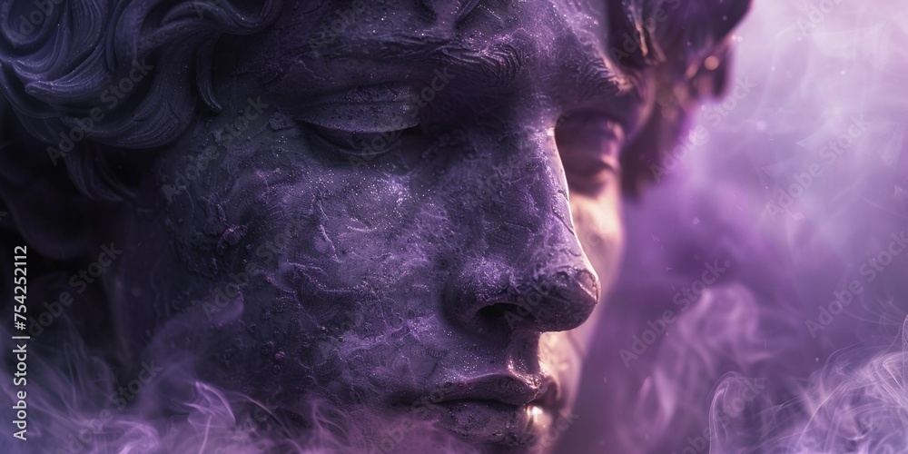 A breathtaking statue of a man's face, painted in surreal colors and evoking mysticism. A breathtaking statue of a man's face, painted in surreal colors and evoking mysticism.