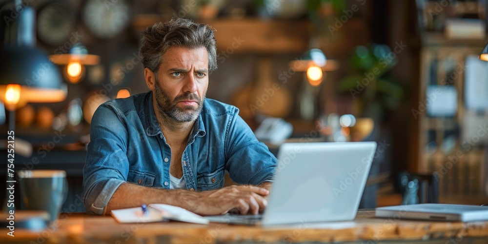 Smiling businessman working on his laptop in a modern office while enjoying a cup of coffee.