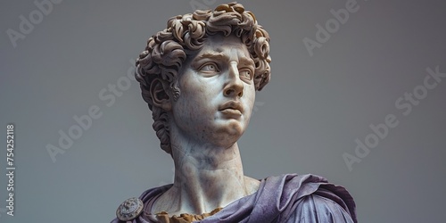 A classical sculpture depicting the head of an ancient Greek or Roman figure. photo