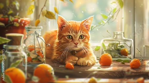 Ginger Cat Amidst Citrus on Sunny Kitchen Counter, step by step pet care tutorials focused on wellness.