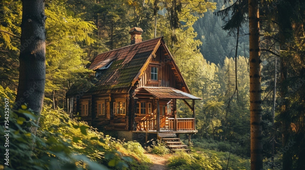 Small old wooden house in the summer forest. Countryside relaxation. AI generative.