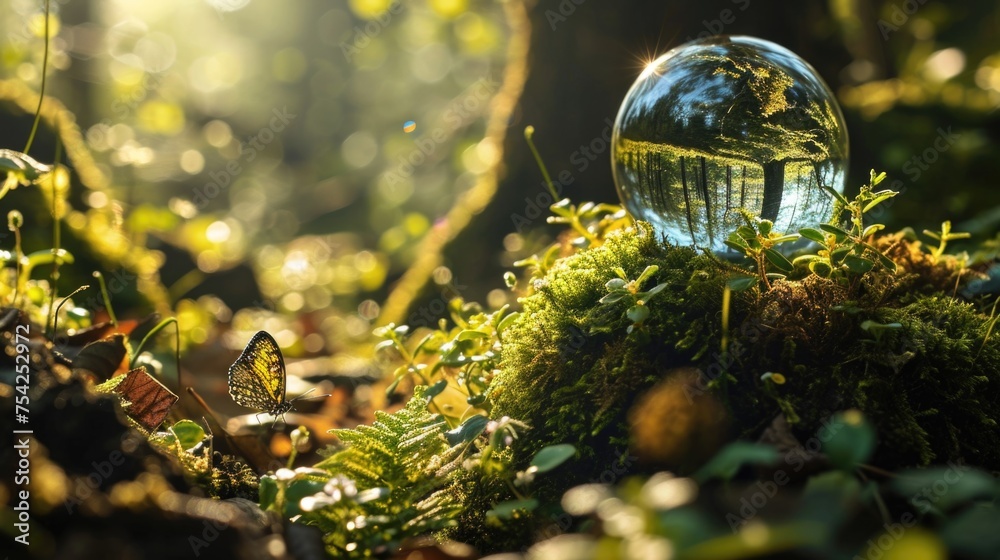 Glass ball in a summer forest. Nature, naturalism, relaxation. AI generative.