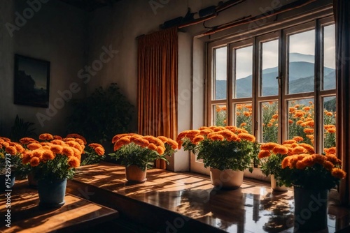 interior of a restaurant with flowers on window © Ayan
