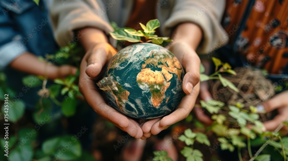 Picture of a blue and green planet with hands holding it, symbolizing care for the environment Picture of a blue and green planet with hands holding it, symbolizing care for the environment