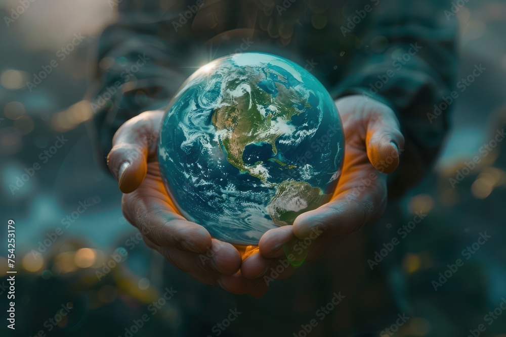 Picture of a blue and green planet with hands holding it, symbolizing care for the environment - obrazy, fototapety, plakaty 
