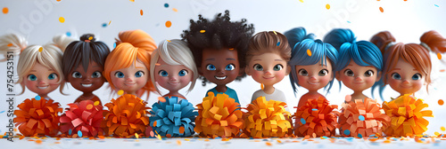 A 3D cartoon render featuring a group of smiling children holding pom poms.