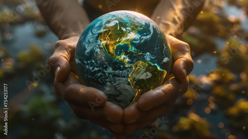 Picture of a blue and green planet with hands holding it, symbolizing care for the environment