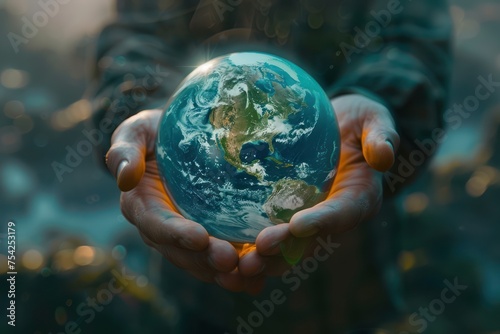 Picture of a blue and green planet with hands holding it  symbolizing care for the environment