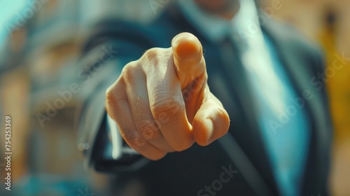 Close Up Hand of happy Professional Businessman in Suit Pointing Forward