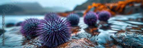 A group of sea urchins resting on rocks near the waters edge, photo