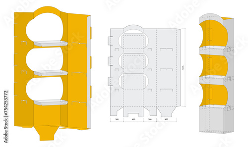 Supermarket Shelves.Modules made from Corrugated Cardboard. Box for Standard Display of Media. Simple Plug-in System.  Three-Dimensional Laser Cutting Template. Product Advertising. 