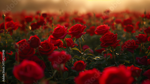 Vast Field of Vibrant Red Roses . An expansive view of countless red roses blooming in a field creates a lush sea of vibrant color. 