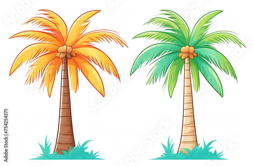 Orange and green palm trees with coconuts and grass on a white background.