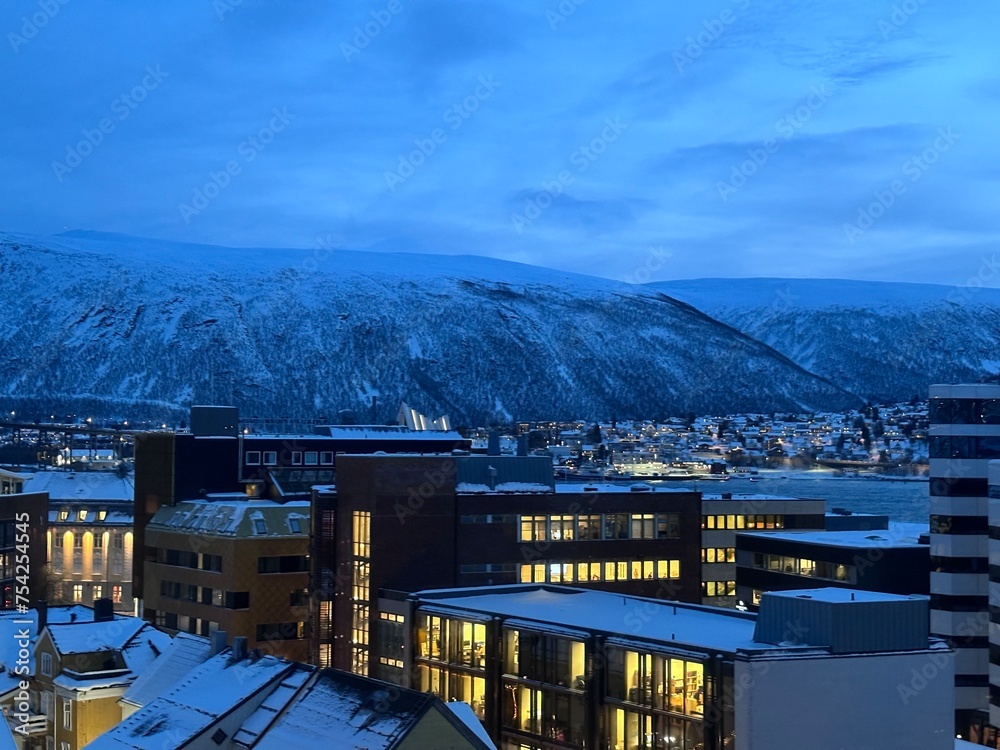 Tromsø. Norway Polar Night Tromse city from the sky