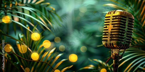 Outdoor microphone in a natural setting for music concerts with palm leaves on blurly bokeh green background  photo