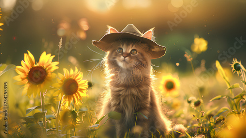 Cat with Hat Posing in Sunflower Field at Sunset
. A majestic long-haired cat dons a straw hat, gazing into the distance in a field of blooming sunflowers bathed in golden sunset light.
