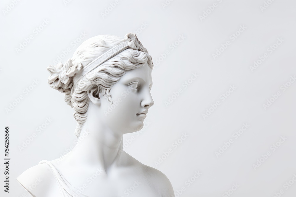 Ancient Greek Sculpture of Woman with wreath on her Head on gray background with Copy space. Beautiful female statue for modern art in y2k style Ancient Greek Sculpture of Woman with wreath on her Head on gray background with Copy space. Beautiful female statue for modern art in y2k style