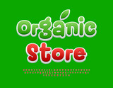 Vector artistic banner Organic Store. Playful Red Font. Modern Stylish Alphabet Letters and Numbers set.