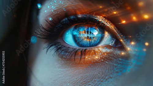 Close-up image of a human eye with futuristic digital overlays, implying advanced technology such as biometrics, augmented reality, or artificial intelligence.
