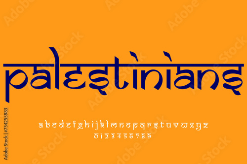  Palestinians text design. Indian style Latin font design, Devanagari inspired alphabet, letters and numbers, illustration.