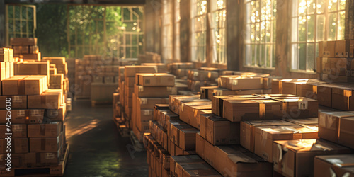 boxes wrapped in plastic on pallets inside an industrial warehouse freight logistics and transport