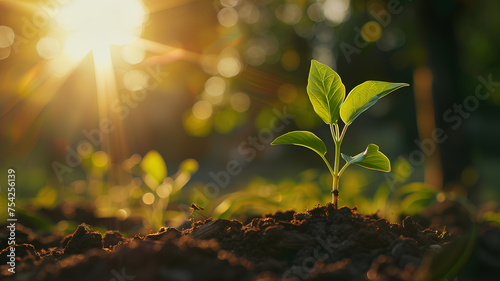 Young Plant Sprouting in Golden Sunrise Light . A new plant reaches for the sky as the first rays of a golden sunrise gently illuminate the fertile soil around it. 