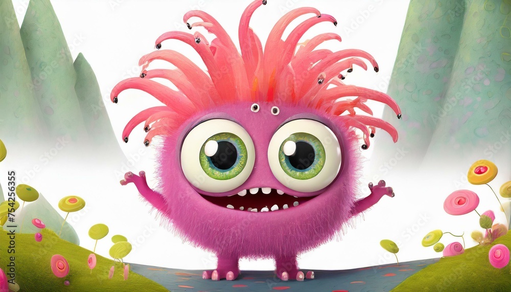 Naklejka premium Little cute monster with big eyes and funny hair