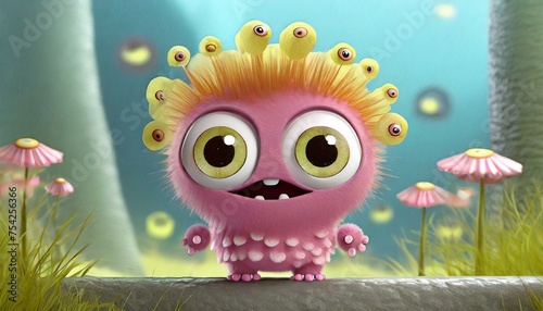 Little cute monster with big eyes and funny hair