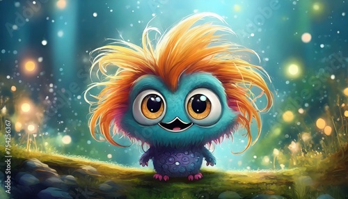 Little cute monster with big eyes and funny hair