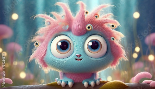 Little cute monster with big eyes and funny hair
