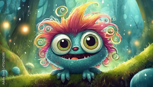 Little cute monster with big eyes and funny hair