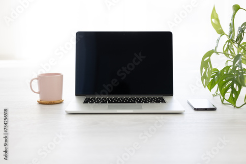 Workspace with laptop, smartphone, coffemug and plants photo