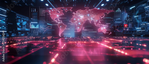 A digital world map glowing with red connections on a blue background, illustrating global communication, data exchange, and network infrastructure