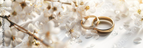 two golden wedding rings and flowers on white background. banner