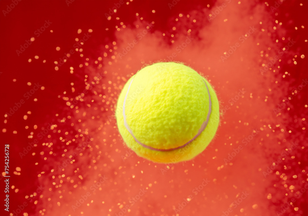 Tennis ball in explosion of red dust