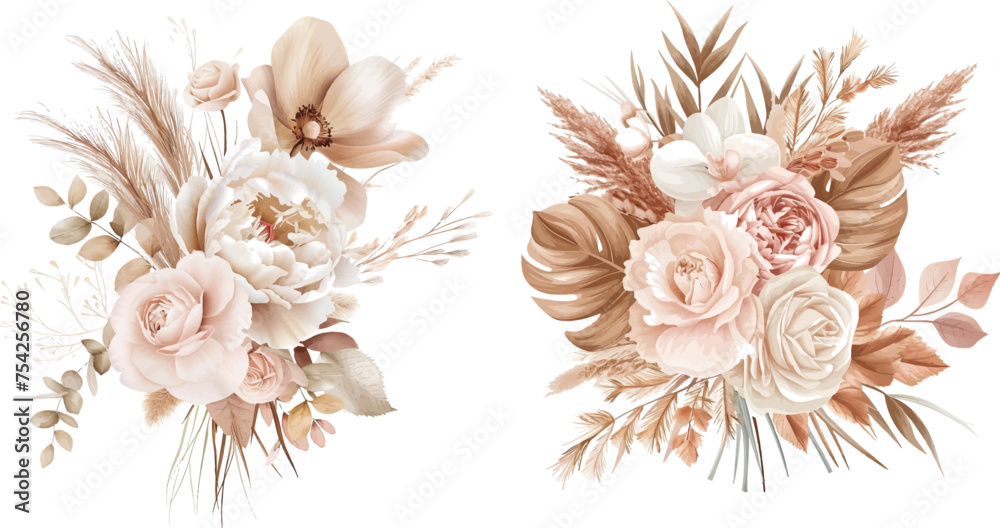 Boho beige and blush trendy vector design bouquet - obrazy, fototapety, plakaty 