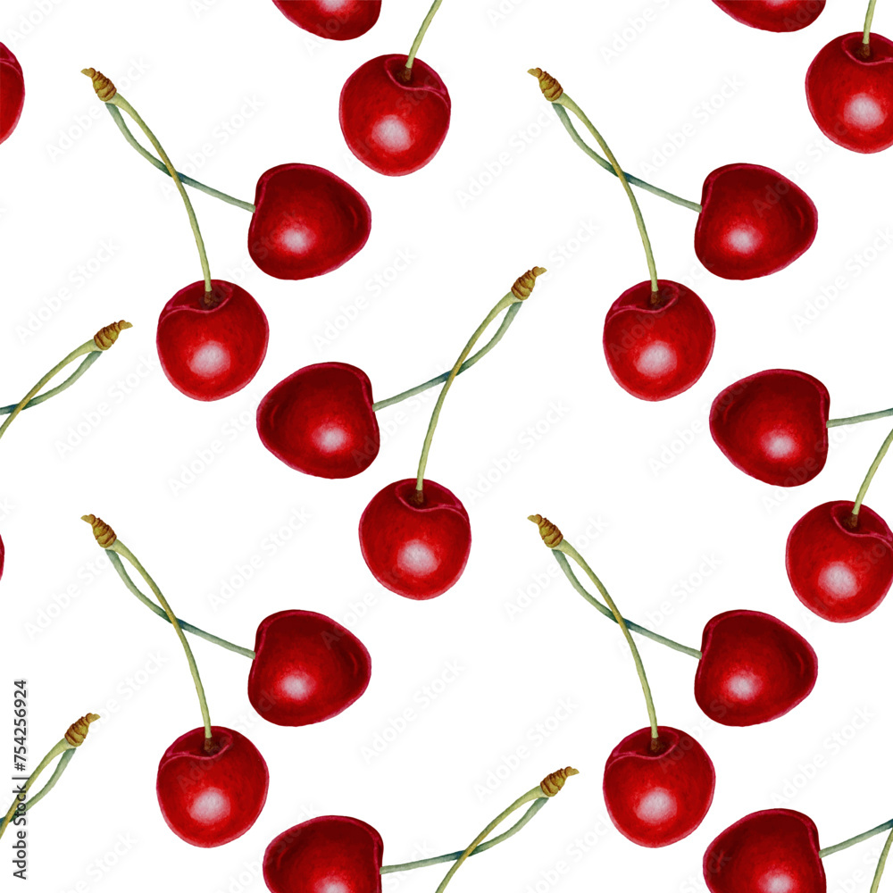 Red cherry berries with vector summer seamless pattern watercolor style vector graphic design. Fresh cherry red berries food dessert. Bird-cherry, merry. Kitchen interior textile print. Red cherry berries with vector summer seamless pattern watercolor style vector graphic design. Fresh cherry red berries food dessert. Bird-cherry, merry. Kitchen interior textile print.
